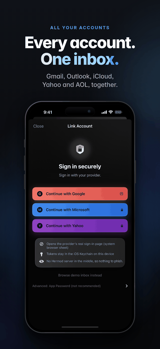 Every account, one inbox: Gmail, Outlook, iCloud, Yahoo and AOL together. The Link Account screen lets you sign in with your provider.