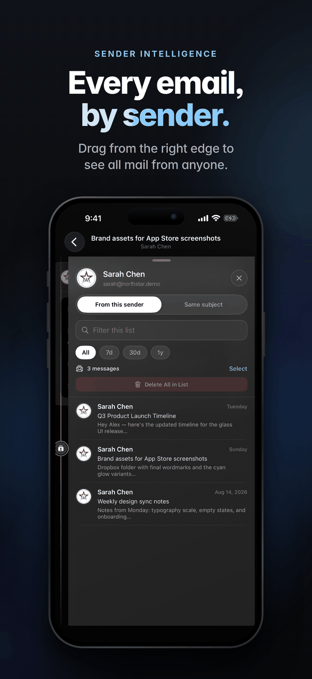 Every email, by sender: drag from the right edge to see all mail from anyone, filtered by subject or date